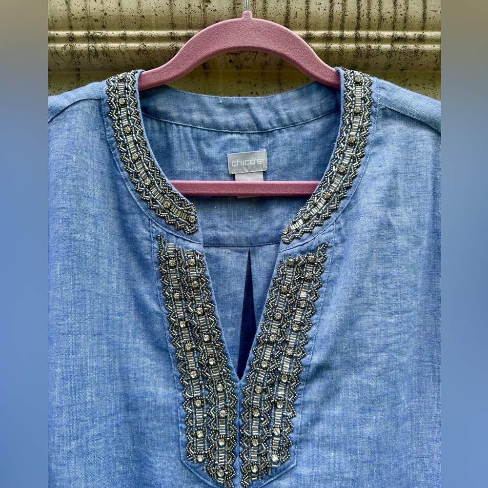 Chico’s ✨ Beaded Linen-Blend Dress ✨ Chambray Blue ✨ Size 3/XL - Picture 3 of 16